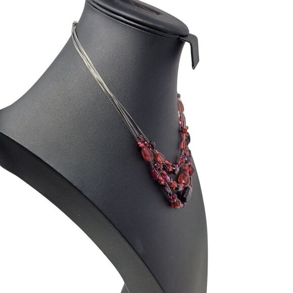 Multi Strand Necklace Maroon Burgundy Beaded Wire Illusion Choker Princess Glam - Picture 5 of 8